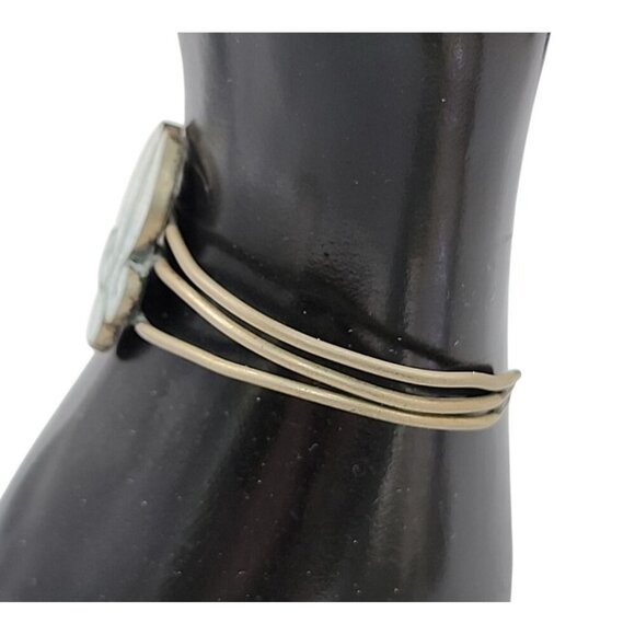 Fleur-de-lis Open Bangle Bracelet Hencho Mexico Inlaid Turquoise VTG SilverTone - Picture 8 of 10